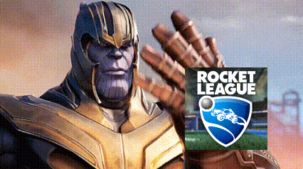 thanos is wearing a helmet and holding a rocket league logo in his hand .