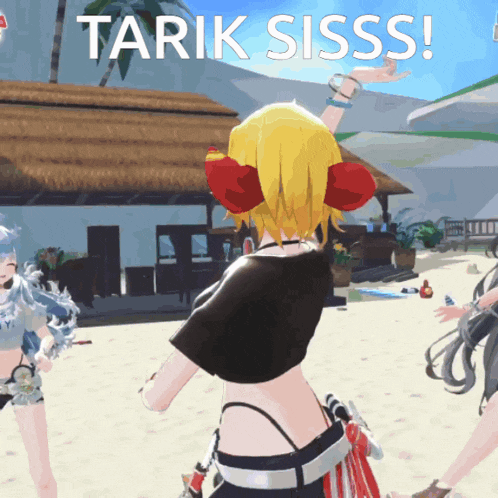 a cartoon girl is dancing on a beach with the words " tarik sisss " written above her