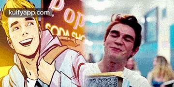 a cartoon of a man standing in front of a sign that says pop soda