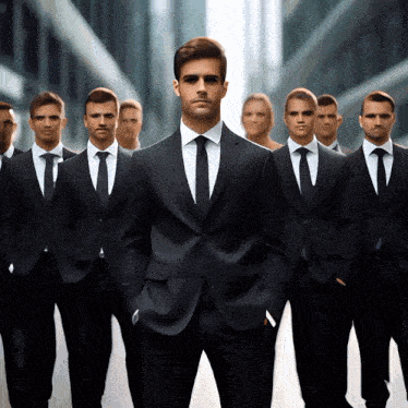 a man in a suit stands in front of a group of men in suits and ties