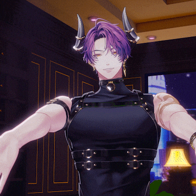 a man with purple hair and horns stands in a room