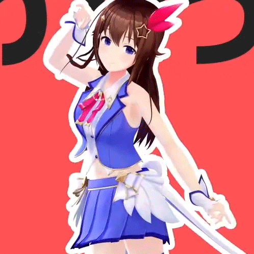 a girl in a blue dress is holding a white sword .