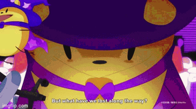 a cartoon character says " but what have we lost along the way " while standing in front of a microphone