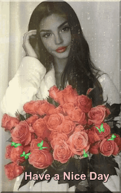 a picture of a woman holding a bouquet of roses with the words have a nice day below her