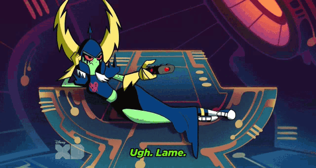 a cartoon character laying on a table with the words ugh lame on the bottom