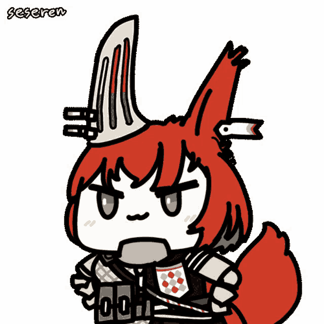 a cartoon drawing of a red haired fox with a fork on his head