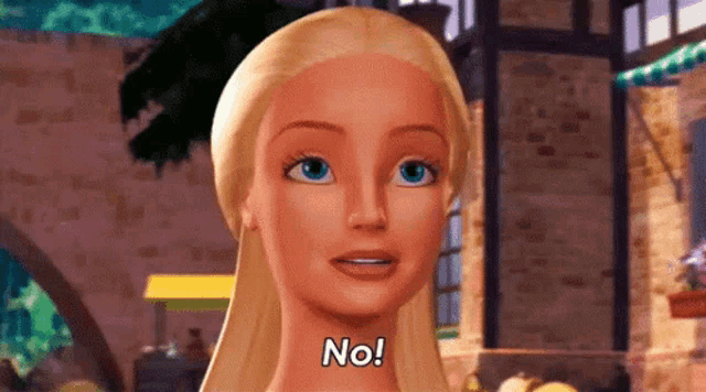 a barbie doll is standing in front of a building and says no .