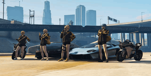 a group of people are standing in front of a car and motorcycle