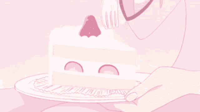 a person is eating a piece of cake with strawberries on top with a fork
