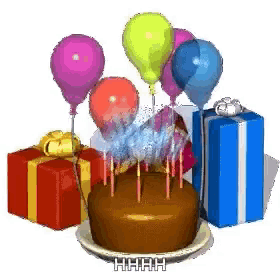 a birthday cake surrounded by presents and balloons with the words hhhah written on the bottom