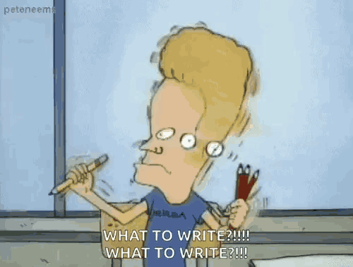 a cartoon character is holding a pencil and a pair of scissors and says what to write .