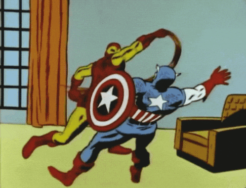 a cartoon of captain america and iron man fighting in a living room