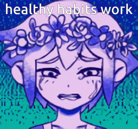 a drawing of a girl with a flower crown on her head with the words healthy habits work below her