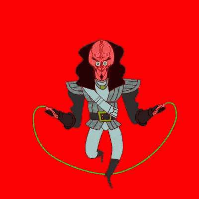 a cartoon character is jumping a jump rope in front of a red background