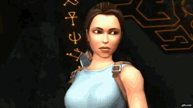 a woman in a video game is standing in front of a sign that says " p "