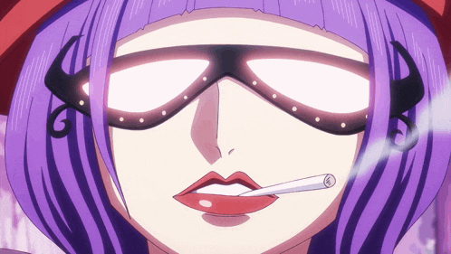 a woman with purple hair and red lips smoking a cigarette