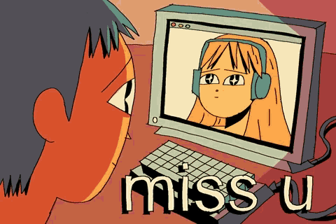 a cartoon of a man looking at a computer screen with the words miss u below