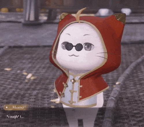a white cat wearing a red cape and sunglasses says momo cough i