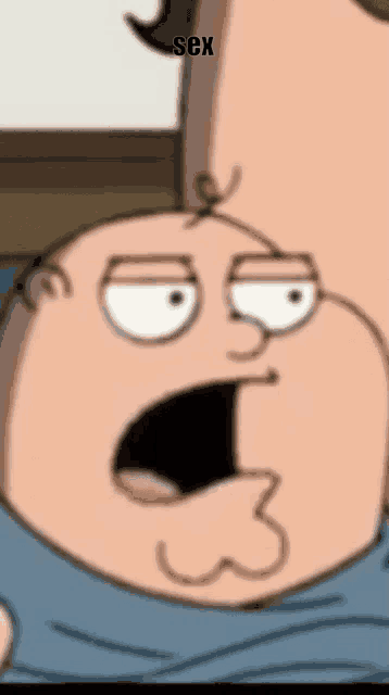 a close up of a cartoon character 's face with the word sex above it