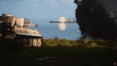 a tank is parked in front of a body of water with a ship in the distance