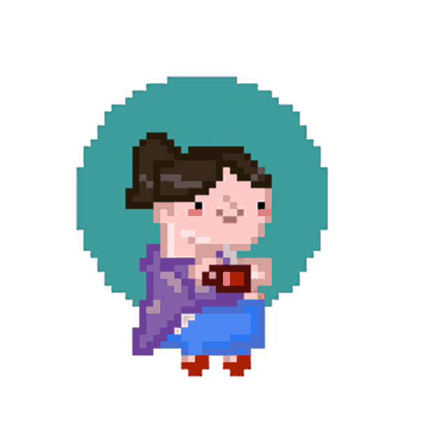 a pixel art drawing of a woman drinking from a cup with the words yayin basladi written above her