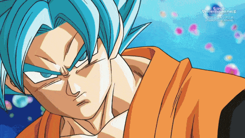 a close up of a blue haired anime character with the words super dragon ball heroes on the bottom right