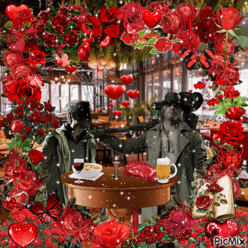 a couple of men sitting at a table with red roses and butterflies around them