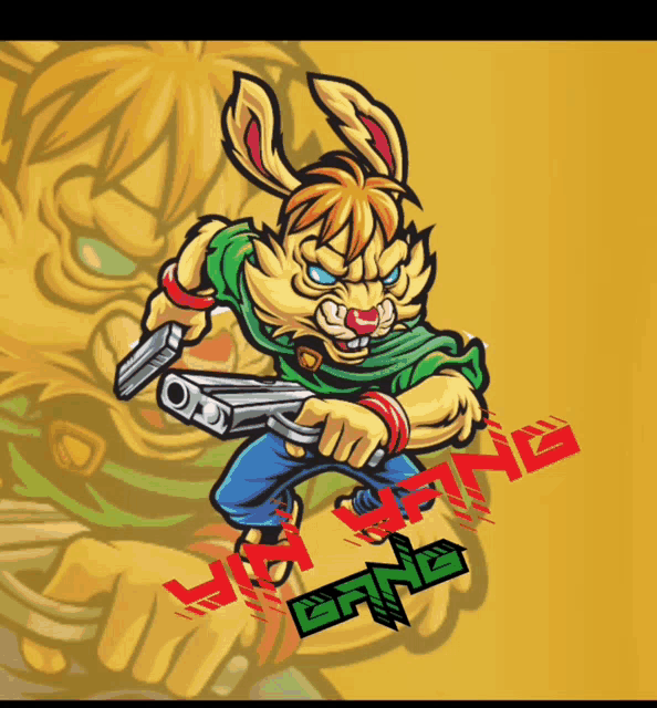 a cartoon of a rabbit holding a gun with the word gang written below it