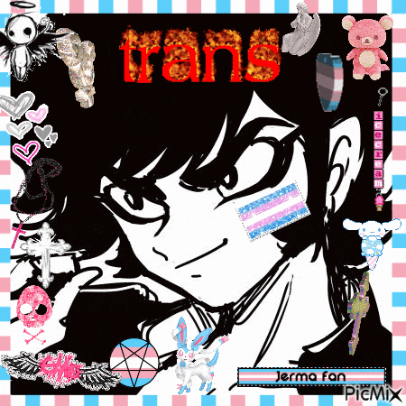 a black and white drawing of a person with the word trans in red letters
