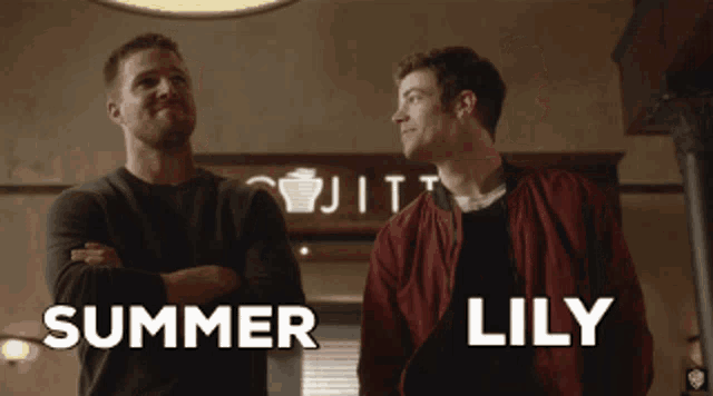 a couple of men standing next to each other with the words summer and lily on the bottom