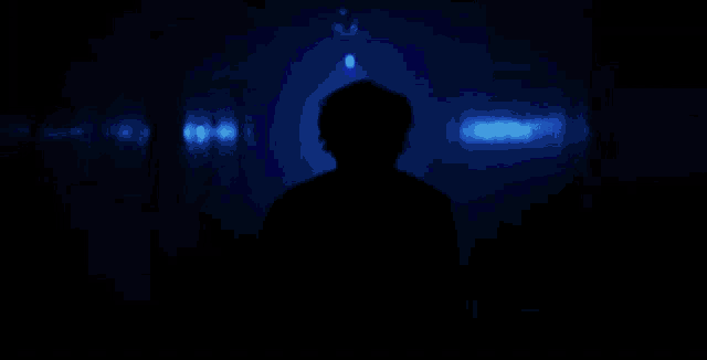 a silhouette of a man standing in a dark hallway with blue lights .