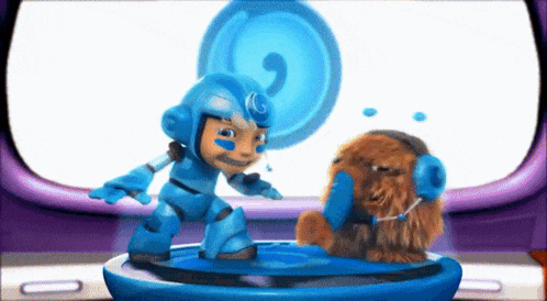 a blue robot is standing next to a stuffed dog