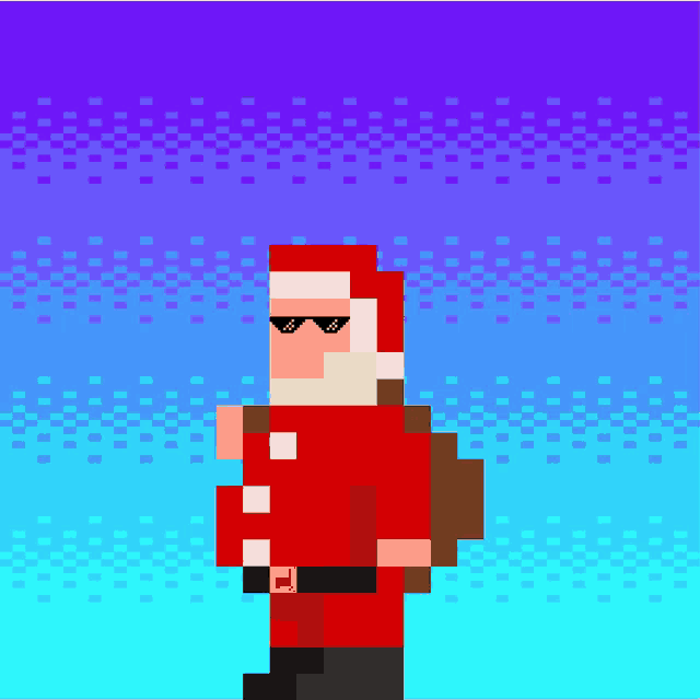 a pixel art of santa claus carrying a bag