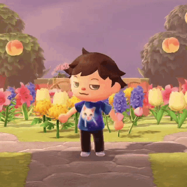 a cartoon character wearing a cat shirt is standing in a garden of flowers