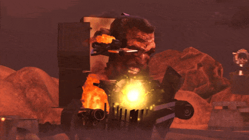 a computer generated image of a man holding a gun with a purple background