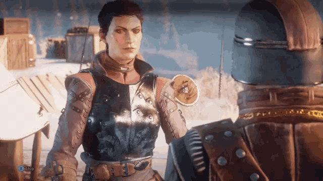 a woman in armor stands next to a man in a helmet in a video game that says " skip " on the bottom