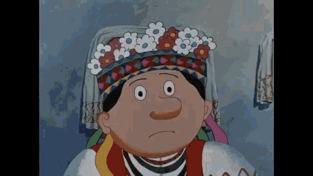 a cartoon character wearing a colorful hat with flowers