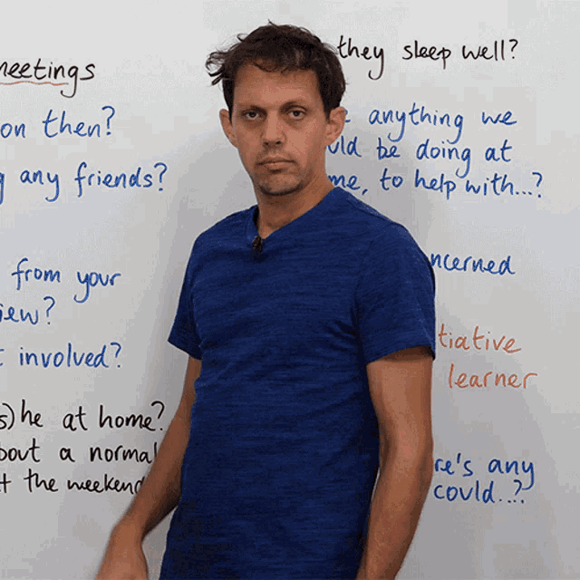 a man in a blue shirt stands in front of a whiteboard that says meetings on it