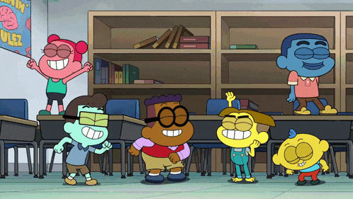 a group of cartoon characters in a classroom with a poster on the wall that says ' ulez ' on it