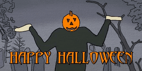 a cartoon of a man with a pumpkin head and the words happy halloween below him