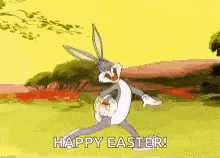 bugs bunny is holding a basket of eggs and saying `` happy easter '' .