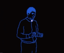 a drawing of a man with blue hair and a white collar