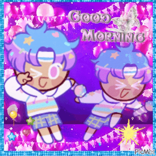 a good morning greeting card with two cartoon characters holding hands