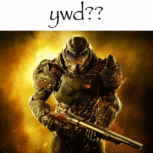 a picture of a doom slayer holding a shotgun with gwd written on the bottom