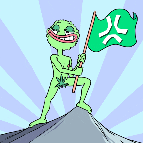 a cartoon character holding a green flag with a flame on it