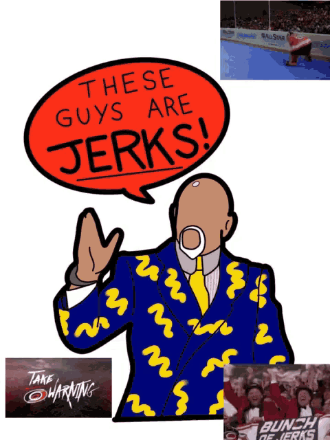 a cartoon of a man in a blue suit with a speech bubble that says " these guys are jerks "