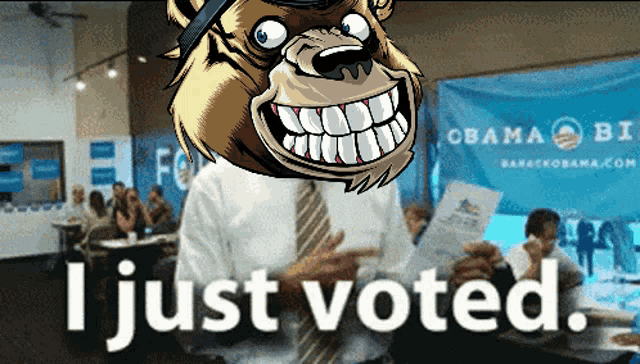 a cartoon of a man holding a piece of paper with the words i just voted below him
