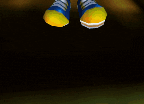 a cartoon character with a blue jacket and orange pants is flying through the air