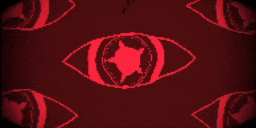 a red background with black leaves and a red eye