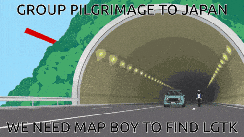 a cartoon drawing of a car and motorcycle going through a tunnel with the caption group pilgrimage to japan
